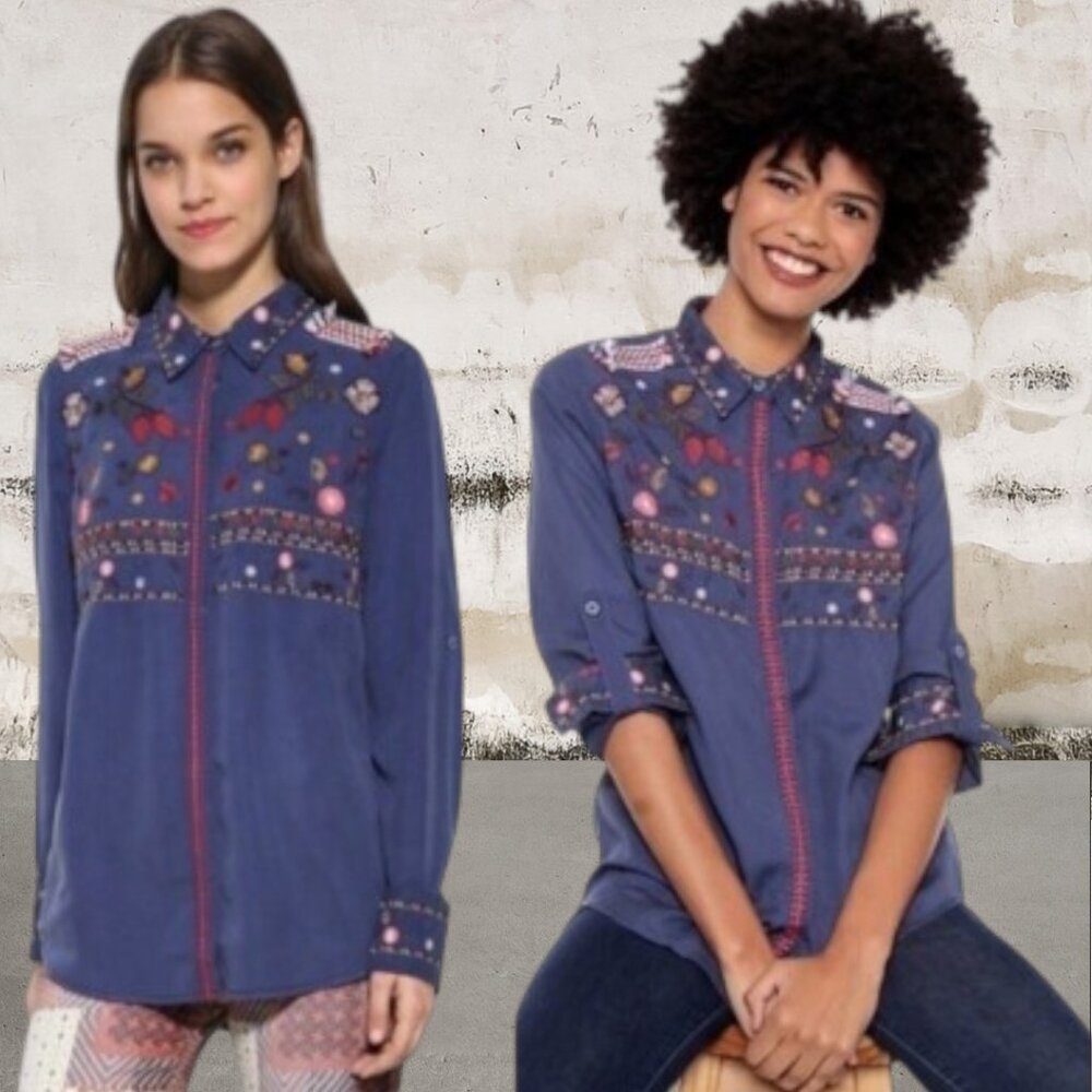 Desigual Embroidered Button Down Roll Tab Sleeves Boho Top Size Medium